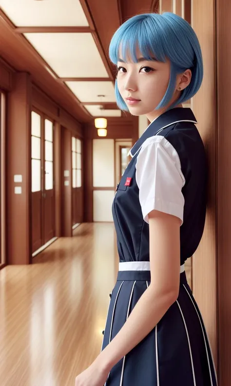 masterpiece portrait of Rei Ayanami \(evangelion\), evangelion \(Hideaki\), caustics, textile shading, high resolution illustration, red eyes, feminine, no pupils, blue hair, short hair, japanese school uniform, loafers, detailed school, japanese school hallway, japanese modern school in Tokyo, soft light, black stockings, torn stockings, indoors, wooden floor, hallway, at night, neon lights
