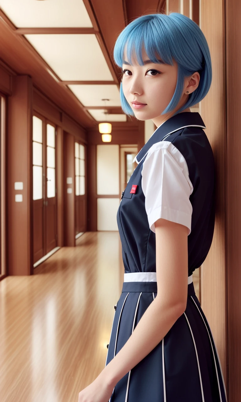 masterpiece portrait of Rei Ayanami \(evangelion\), evangelion \(Hideaki\), caustics, textile shading, high resolution illustration, red eyes, feminine, no pupils, blue hair, short hair, japanese school uniform, loafers, detailed school, japanese school hallway, japanese modern school in Tokyo, soft light, black stockings, torn stockings, indoors, wooden floor, hallway, at night, neon lights