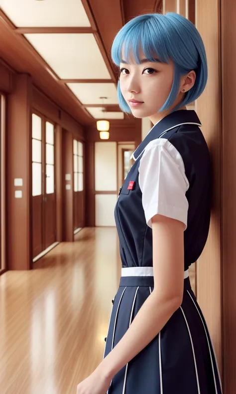 masterpiece portrait of Rei Ayanami \(evangelion\), evangelion \(Hideaki\), caustics, textile shading, high resolution illustration, red eyes, feminine, no pupils, blue hair,  short hair, japanese school uniform, loafers, detailed school, japanese school hallway, japanese modern school in Tokyo, soft light, black stockings, torn stockings, indoors, wooden floor, hallway, at night, neon lights