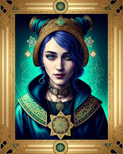 tarot card with intricate detailed frame around the outside |portrait of cyberpunk head with jester hat| cyberpunk | styled in Art Nouveau | insanely detailed | embellishments | high definition | concept art | digital art | vibrant