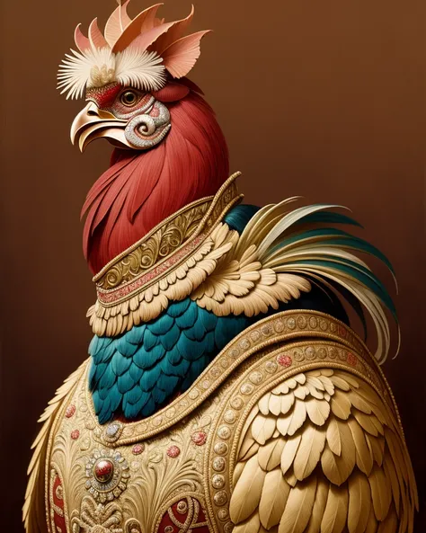 Gorgeous Portrait of a French Rooster dressed as Napoleon" hyperdetailed, delicate , Epic cinematic brilliant stunning intricate meticulously detailed fairy atmospheric maximalist digital matte painting, depth of field, trending on Artstation , artwork by Dan Mumford Alphonse Mucha Dan Witz Gustav Klimt, a masterpiece