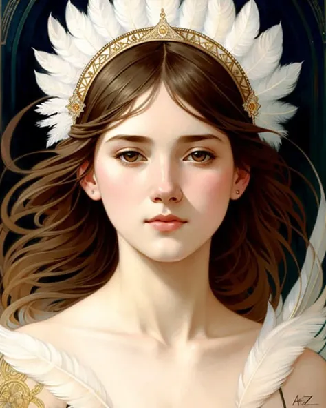 portrait of a girl surrounded by delicate feathers, face, intricate, elegant, highly detailed, digital painting, artstation, concept art, smooth, sharp focus, illustration, art by Krenz Cushart and Artem Demura and alphonse mucha