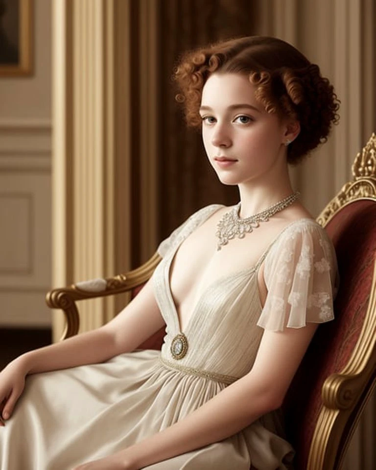 Ethereal fantasy image detailed realistic portrait of a beautiful 1920's high class young aristocrat female with curly auburn hair seated in a formal room in an aristocratic home, award-winning cgi