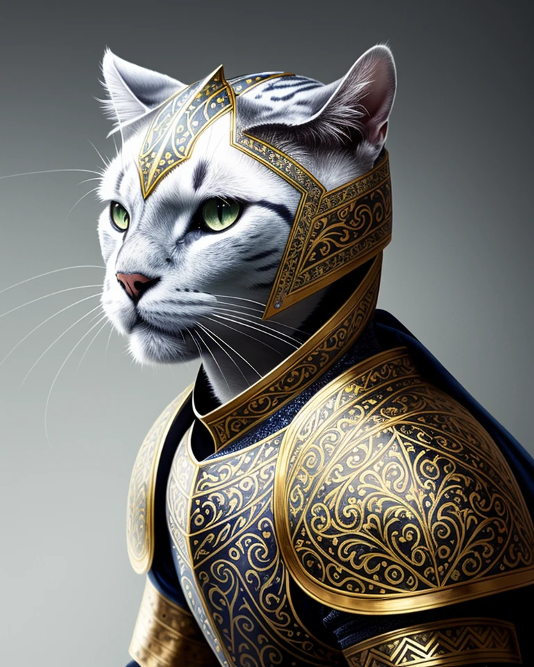 highest quality kneeling cat knight, portrait, finely detailed armor, intricate design, silver, silk, cinematic lighting, ultra sharp, smooth sharp focus, highly detailed, artstation hq, trending on artforum, behance hd, on display, Burlington Magazine