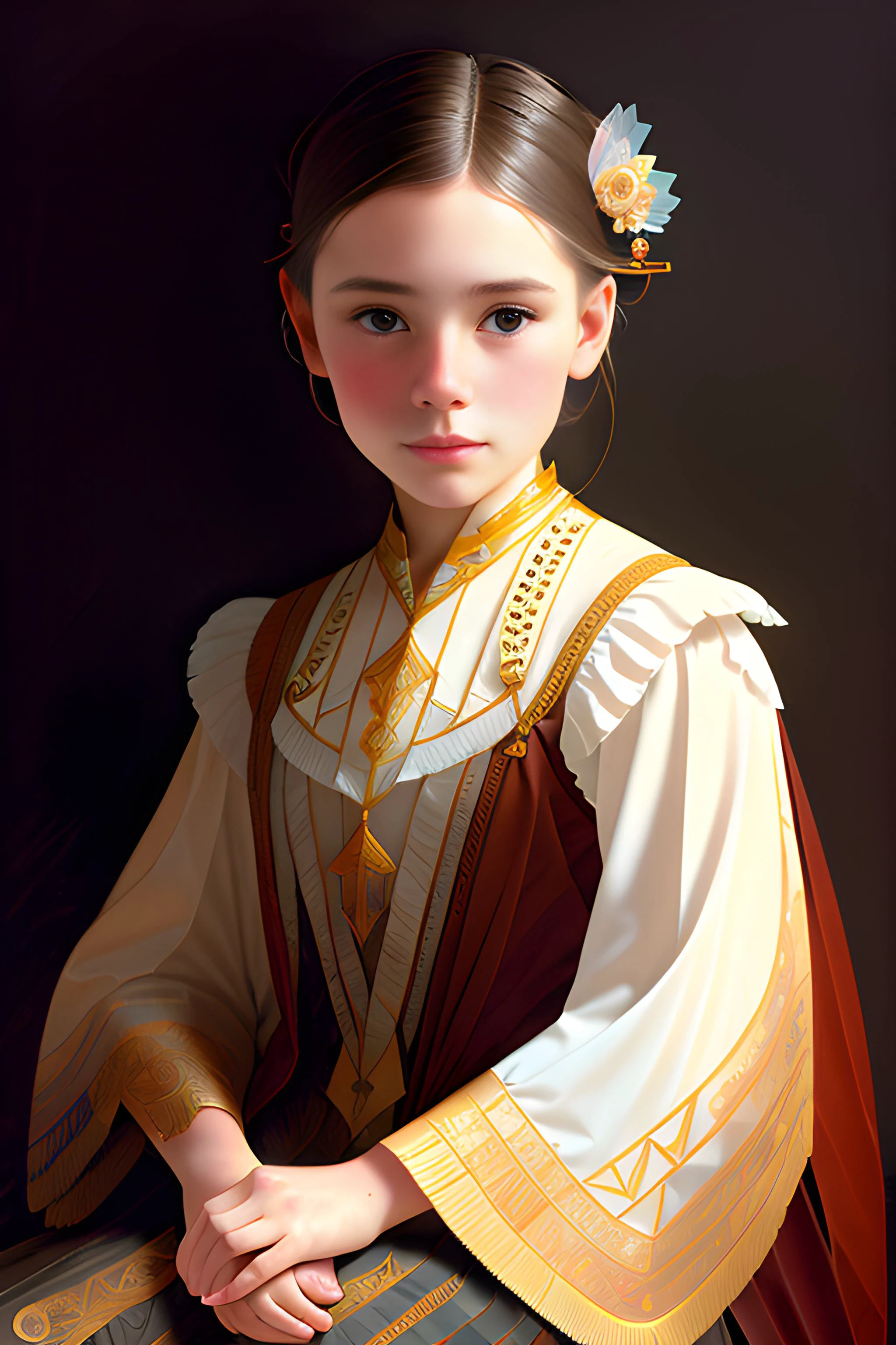portrait of a american girl yo surrounded by delicate feathers, face, intricate, elegant, highly detailed, digital painting, artstation, concept art, smooth, sharp focus, illustration, art by Krenz Cushart and Artem Demura and alphonse mucha
