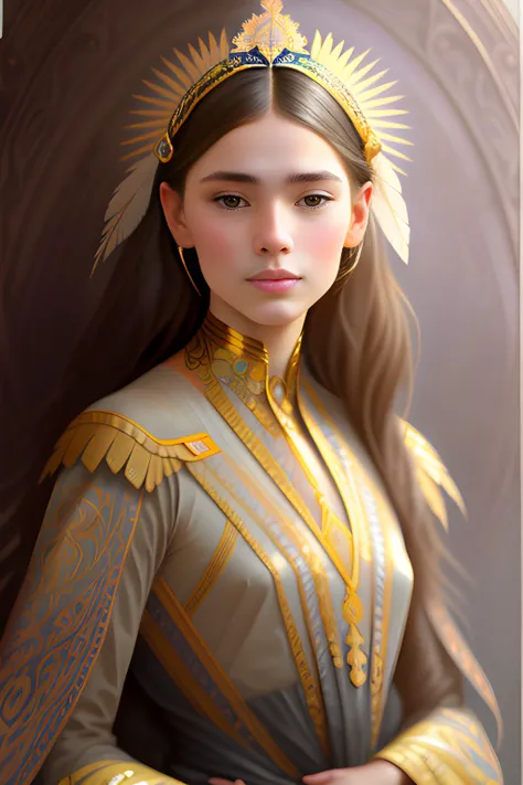 portrait of a american girl surrounded by delicate feathers, face, intricate, elegant, highly detailed, digital painting, artstation, concept art, smooth, sharp focus, illustration, art by Krenz Cushart and Artem Demura and alphonse mucha