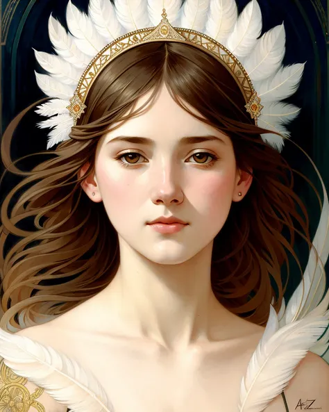 portrait of a girl surrounded by delicate feathers, face, intricate, elegant, highly detailed, digital painting, artstation, concept art, smooth, sharp focus, illustration, art by Krenz Cushart and Artem Demura and alphonse mucha