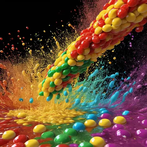 Skittles Symphony: A colorful eruption of Skittles candies cascades in a vibrant explosion, each candy swirling in a mesmerizing dance of flavor. The rainbow of hues blends and merges, creating a visual spectacle that captures the essence of these iconic treats. This captivating display, skillfully crafted using Cinema 4D's animation capabilities, brings the Skittles to life in a symphony of textures and colors. The final composition, enriched with Gamma Correction and Tone Mapping techniques, reflects the unique artistic styles of Alex Roman and Beeple, transforming a simple candy into a work of edible art.