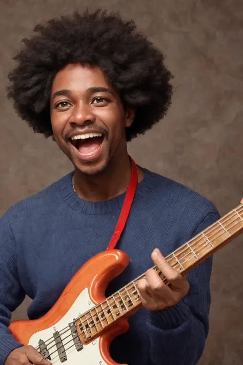 close-up photo portrait of a 45 yo african man, black afro hair, stubble, brown eyes, excited face expression, singing, red bass guitar, blue sweater, black bluesman, simple background