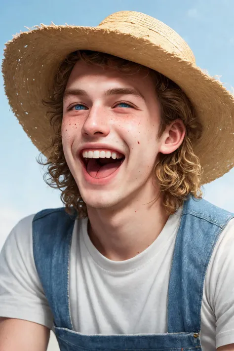 close-up photo portrait of a 20 yo european man, blond short curly hair, blue eyes, laughing face expression, freckles, denim overall, t-shirt, straw hat, farmer, simple background
