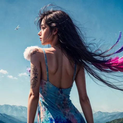 RAW photo, 8k uhd, Analog style, (Masterpiece, Best Quality, Highres:1.3), dramatic, cinematic, BREAK,
(watercolor painting:1.4) by (Agnes Cecile:1.2) of (slim:1.1) indian (girl:1.2) upper body from behind, (sundress made of feathers:1.3), cute face, (dynamic pose:1.1), (eyes:0.8), looking up, ((very long:1.1) flying blue hair:1.2) with (purple:1.1) (feather:1.4), (tattoo:1.3), (clouds, mountain, field:0.8), wind, ((colorful:1.1) watercolor blots background:1.3), (soft colors, fluid strokes, transparent layers:1.3), (hyperdetailed, absurdres, sketch:1.1), BREAK,
<lora:more_details:0.7>,