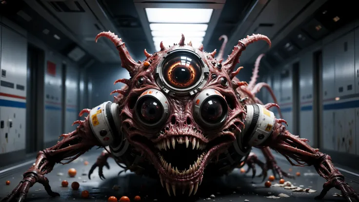 (((close-up biopunk in ulcers screaming astronaut girl mutated into a space monster crawls along the corridor of a space station with bones and pieces of raw meat))), ((inside the dark apocalyptic space station background)), ((lighting dust particles)), horror scene, best quality, masterpiece, (photorealistic:1.4), 8k uhd, dslr, masterpiece photoshoot, (in the style of Hans Heysen and Carne Griffiths),shot on Canon EOS 5D Mark IV DSLR, 85mm lens, long exposure time, f/8, ISO 100, shutter speed 1/125, award winning photograph, facing camera, perfect contrast,cinematic style,monster <lora:mmv3:1> <lora:mov24:1>
