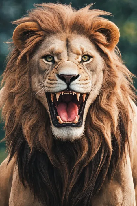 close-up photo portrait of a great red lion, blue eyes, very long lion's mane, roaring, open mouth, fangs, animal, no humans, simple background