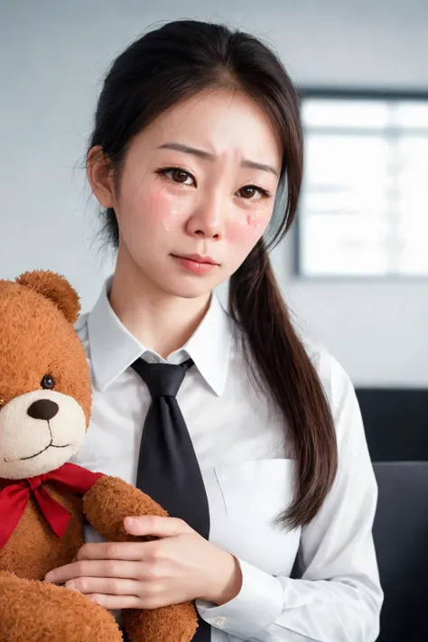close-up photo portrait of a 30 yo asian woman, black ponytail, brown eyes, crying face expression, blush, shirt, tie, office lady, holding teddy bear, simple background