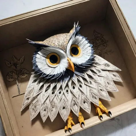 RAW photo, 8k uhd, Analog style, (Masterpiece, Best Quality, Highres:1.3), dramatic, cinematic, (paper-cut craft:1.3), BREAK,
intricate (paper-cut craft:1.4) of mysterious intricate ornamented (owl:1.4), (beige square photo-frame:0.7), circle mask, (forest, mountain:1.3), (winter, moon:0.5), (green, blue, brown, white:1.1), (black, gold:0.8), (paper-cut craft, colorful, layers, flat, fabulous, children's book:1.2), cardboard, bronze, (hyperdetailed, absurdres:1.1), BREAK,
<lora:more_details:0.1>