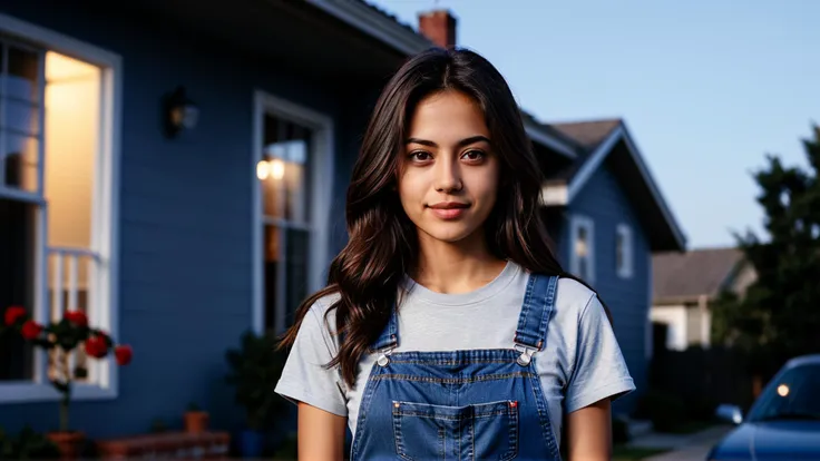 35mm film, (Realistic Lighting:1.0),woman, Latina, 25 years old, long straight dark brown hair, gray t-shirt and blue denim overalls, in front of a house, high resolution, extremely sharp, ultra-real, extremely detailed, an ultra-realistic photograph captured with a Sony α7 III camera, equipped with an 85mm lens, depicting, The image, taken in high resolution and 16:9 aspect ratio,
<lora:mov24:1> <lora:detailmaster2.0:1>