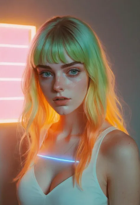 ombre color scheme of neon pink, blue, orange, yellow, green and white, anime artwork, grand photograph, Polaroid, surprised 19-year-old girl, glowing hair, canon 5d mark 4, neon light, kodak ektar, Feminine, pastel colors, curved lines, elaborate detail, art by Bec Winnel, <lora:sss:0.8> subsurface scattering, sss  <lora:add-detail-xl:1> <lora:sdxl:0.35> <lora:envyStarlight_v10:0.8>