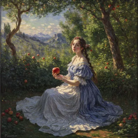 RAW photo, 8k uhd, Analog style, (Masterpiece, Best Quality, Highres:1.3), dramatic, cinematic, BREAK,
(oil painting:1.3) by (Peter Paul Rubens:1.2) and (Claude Monet:1.2) of (corpulent:1.1) (woman:1.2) sitting in (garden of Eden:1.2), (holding apple:1.2), white (chiton:1.2), (apples:1.3), (trees:1.2), (ancient:0.5) (ruins:1.05), cute face, blue eyes, braids, (flower wreath:1.1), (bed sheet:1.15), (godrays:1.2), (shine:1.1), (mountain:1.1), (fluffy cloud:1.2), (painting, renaissance, romanticism scene:1.12), (hyperdetailed, absurdres:1.1), BREAK,
<lora:more_details:0.85>,