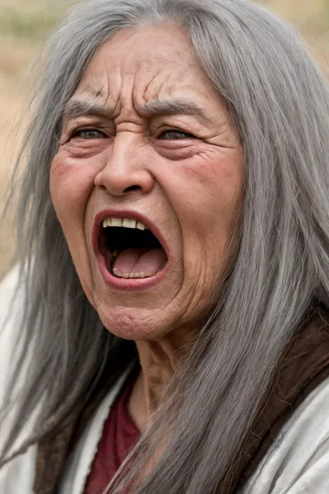 close-up photo portrait of a 100 yo old native american woman, grey hair, brown eyes, screaming face expression, twin braids, warbonnet, feathers, tribal, simple background