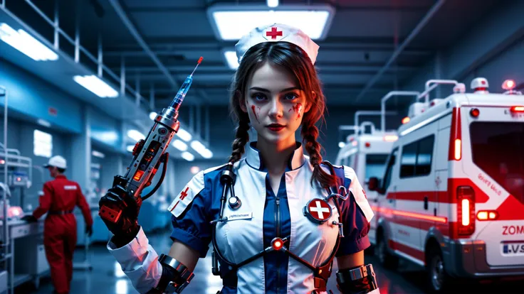 (((full body cybernetic android nurse with mechanical body parts in medical uniform holds a huge syringe and a steel medical saw in her hands))), ((night led neon dystopian cyberpunk hospital with ambulance car background)), (((full body))), horror scene, best quality, masterpiece, (photorealistic:1.4), 8k uhd, dslr, masterpiece photoshoot, (in the style of Hans Heysen and Carne Griffiths),shot on Canon EOS 5D Mark IV DSLR, 85mm lens, long exposure time, f/8, ISO 100, shutter speed 1/125, award winning photograph, facing camera, perfect contrast,hubg_mecha_girl
<lora:mov24:1> <lora:detailmaster2.0:1>