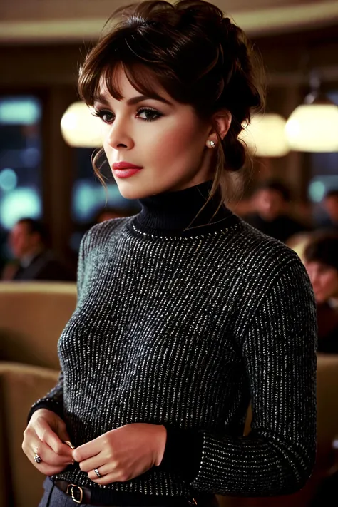 cinematic film still of Photorealism <lora:JaneyRobbins-000009:1> JaneyRobbinsSDXL wearing a turtle-neck sweater and slacks by Coco Chanel, Photorealism, often for highly detailed representation, photographic accuracy, or visual illusion., shallow depth of field, vignette, highly detailed, high budget, bokeh, cinemascope, moody, epic, gorgeous, film grain, grainy
