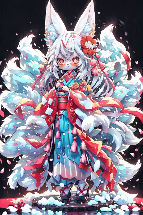 <lora:3DKawaii:1> Kawaii Figurines Style, tail, kimono, hair flower, furry, red eyes, fox girl, standing, pink eyes, very long hair, full body, solo, pink footwear, japanese clothes, blush, flower, 1girl, white hair, looking at viewer, black background, furry female, hair ornament, fox tail, multiple tails, long hair, fox ears, animal ears