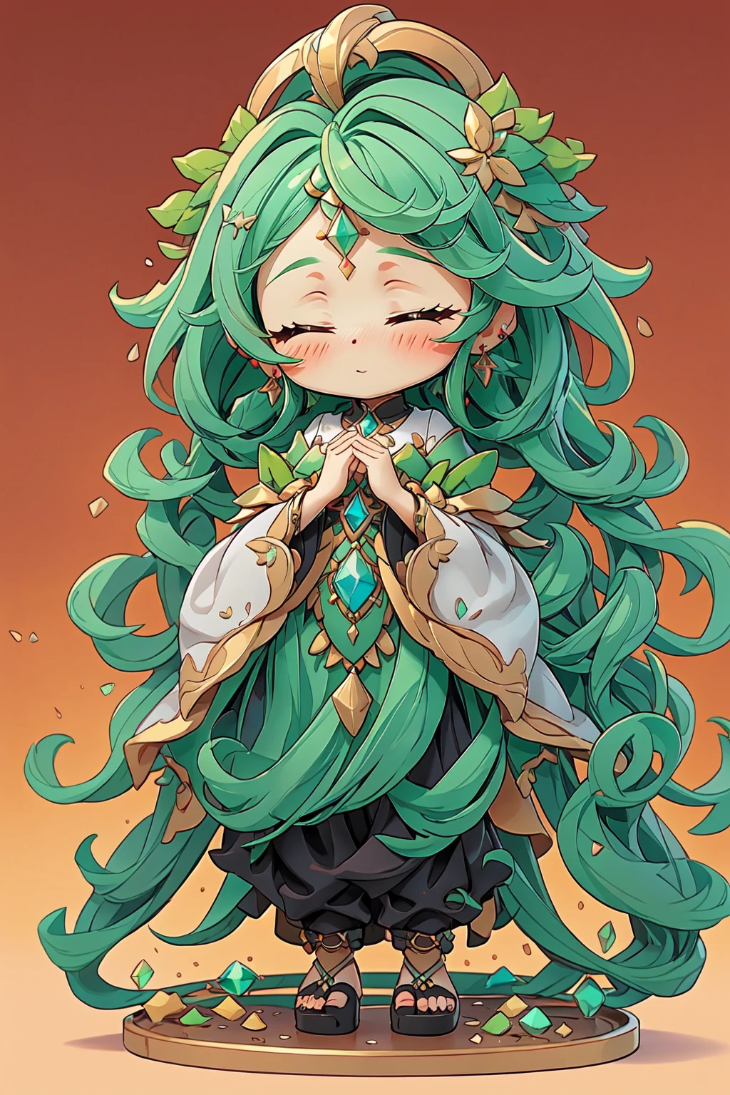 <lora:3DKawaii:0.8> Kawaii Figurines Style, gradient background, pants, closed eyes, chibi, closed mouth, jewelry, long sleeves, standing, own hands together, dress, sandals, very long hair, full body, solo, blush, 1girl, gradient, hair ornament, gem, long hair, earrings, wide sleeves, green hair