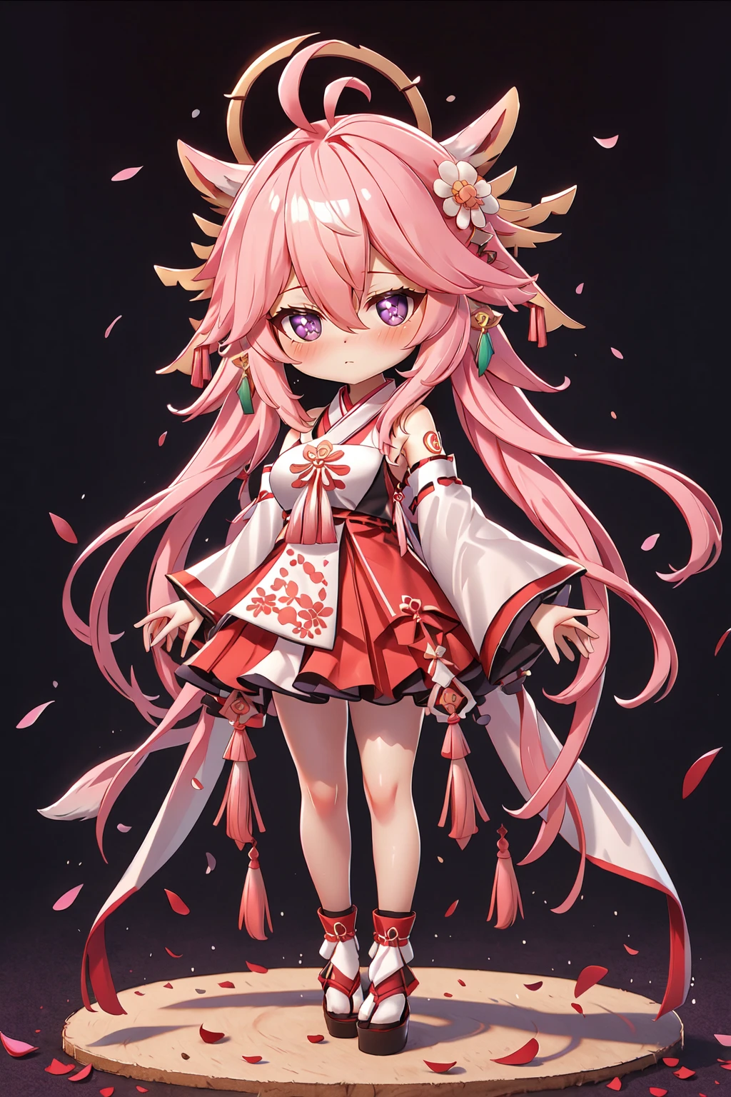<lora:3DKawaii:0.8> Kawaii Figurines Style, 3d, bare shoulders, hair flower, chibi, detached sleeves, white sleeves, closed mouth, long sleeves, standing, ahoge, dress, very long hair, full body, solo, bangs, japanese clothes, hair between eyes, blush, petals, flower, 1girl, nontraditional miko, purple eyes, looking at viewer, hair ornament, long hair, wide sleeves, pink hair, fox ears, animal ears, official art, octane render