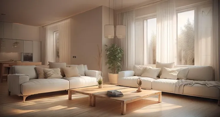 <lora:xsarchitectural9advanced_xsarchitectural:1> Interior design, white living room, windows, sunlight coming in through the windows, open kitchen,