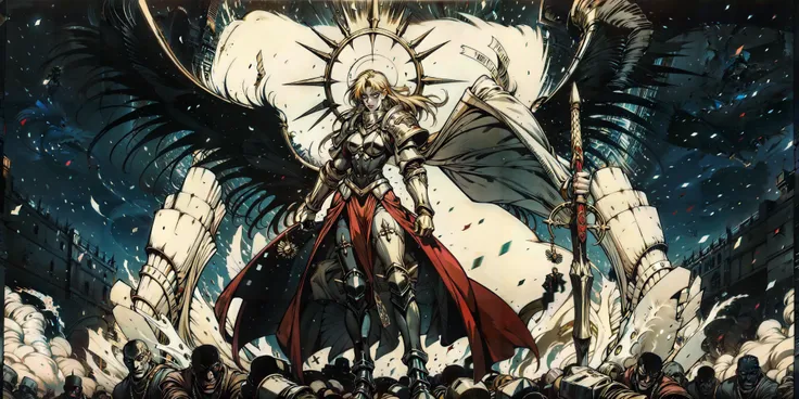 ((((Massive, tall, beautiful, buff, muscular light brown skinned female knight with yellow hair, black lipstick, huge angle wings, ginormous bulky muscles, holding a sword and shield and wearing an all yellow gleaming knight armor with hauberk and pants)))), {close view}, black eyeliner, massive muscles, massive biceps, hyper muscle triceps, (long flowing hair), gray eyes, giant angel wings, knight boots, In a castle, (hauberk pants), steel knight armor, armor breastplate, nighttime, confident smile, hyper muscles arms, hyper muscle legs, ginormous arms