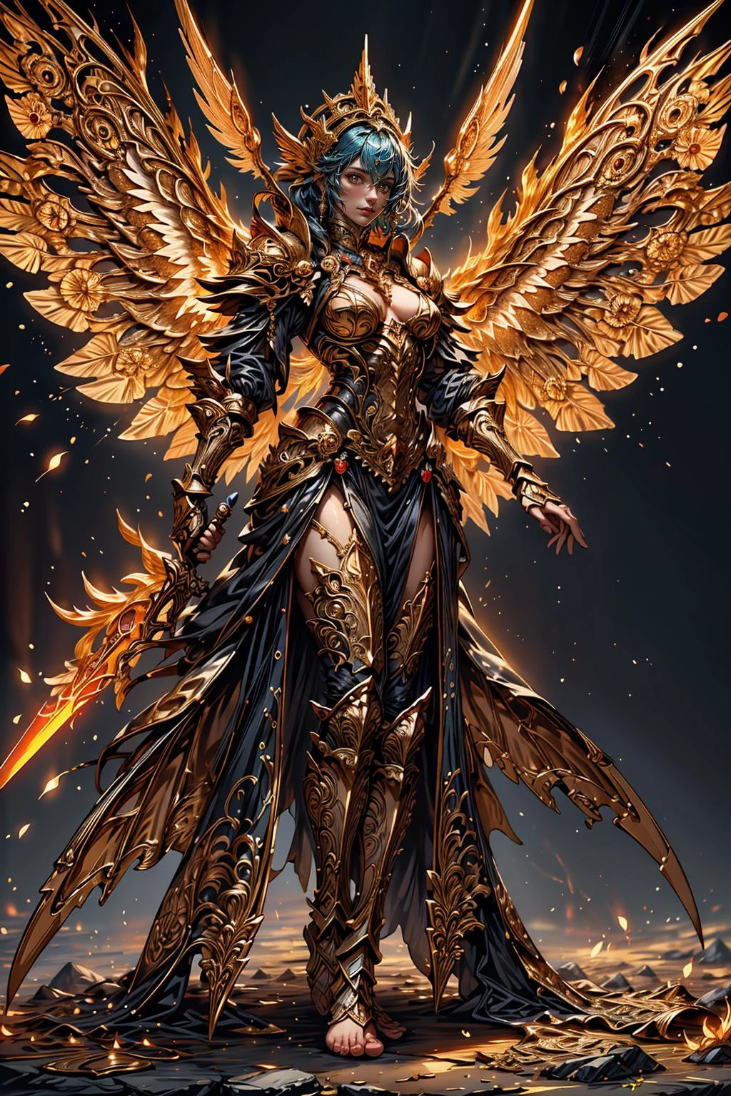(masterpiece:1.1), (best quality:1.1), (ornate:1.1), (vibrant colors:1.2), BREAK,
(solo:1.2), (woman:1.0),(wings:1.0), (burning:1.0), (embers:1.1), (sword:1.0), (barefoot:1.0), <lora:Clothing - Fractal Fairy Armor:0.6>, <lora:Clothing - Ember Armor_v2:0.3>, <lora:saint_celestine_mk1:0.3>,