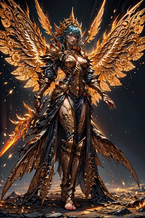 (masterpiece:1.1), (best quality:1.1), (ornate:1.1), (vibrant colors:1.2), BREAK,
(solo:1.2), (woman:1.0),(wings:1.0), (burning:1.0), (embers:1.1), (sword:1.0), (barefoot:1.0), <lora:Clothing - Fractal Fairy Armor:0.6>, <lora:Clothing - Ember Armor_v2:0.3>, <lora:saint_celestine_mk1:0.3>,