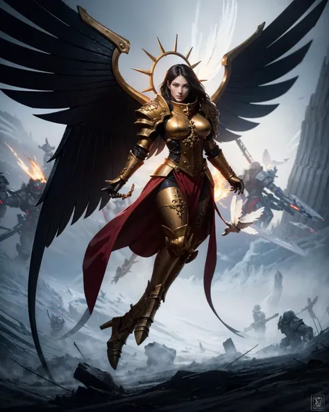 ((best quality)), ((masterpiece)), (detailed) concept art, gritty, grimdark, dark sci-fi, bold brush strokes, warhammer 40k, illustration, sharp focus, full body, ((action shot)), dynamic composition, <lora:tool - more_details:0.25>
portrait of celestine, detailed face, fierce, warlike, beautiful face, detailed eyes, symmetric eyes <lora:Saint Celestine MK1 by CARAXES:0.68>
detailed armor, black armor, armor details, weapon details, iron halo, angel, intricate ornamented, full armor, red loin cloth, (holding sword), giant sword, greatsword, zweihander, ((angel wings:1.4)),
black hair, long flowing hair, pretty face, skin pores, rugged, metallic armor, dynamic posture, (action pose), flying above ruined buildings, soaring above a battlefield, in the air,
ruined cathedral, war, urban landscape background, particles floating, cloudy sky, smoke, explosions, battling armies in the distance, war