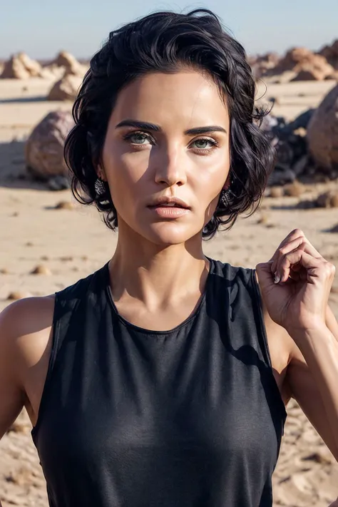 a photo of goksel,wearing a (long) tank top,standing pose in the sahara desert sunbathing,perfect eyes,(realistic skin texture with skin pores),(nice hands,perfect hands),(curvy hips:0.5),(tanlines),close up <lora:tangbohu-detailer_1.0:1> <lyco:GoodHands-beta2:1.3> <lora:BlackStilettos:0.3><lyco:Goksel:0.7>
