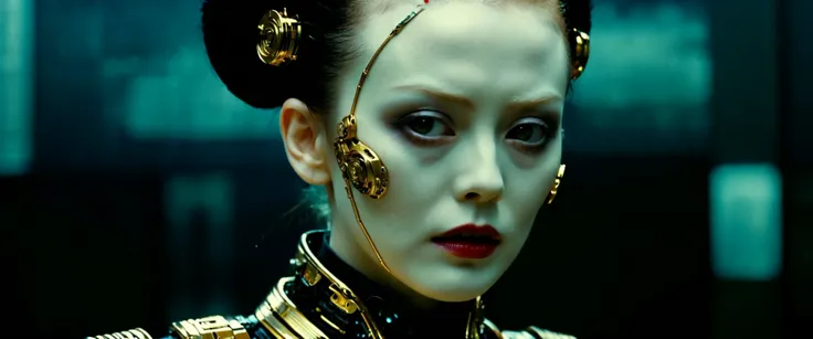  still, photography,  horror theme, klimt composition,  Japanese edo period theme, neo tokyo, cyberpunk, engineer, high technology, connected people, corrupted politicians, yakuzas, cyborg gueisha, close up photograph, gold eyeliner, Leica cl, Kawanabe KyMsai, Junji Ito, pale skin, highly detailed skin, soft shadows, chiaroscuro lighting, imperfections, cinematic, film grain, analog