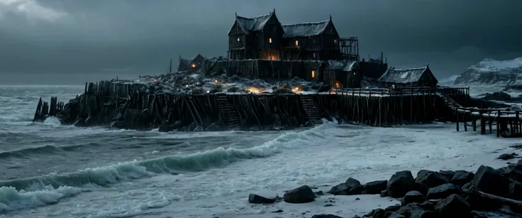 horror theme, raw, empathic movie still of a ultra-sharpness, dark fantasy, cinematic photography of a full color fantasy Dungeons and Dragons masterpiece, an icy tundra with a bleak stormy blizzard hits a settlement and ocean.  ((A medieval barricade-walled, squalid coastal town made of several closely-huddled roundhouses (inspired by Viking architecture) are surrounded by a wooden barricade)), harbour, beds down in the sub-zero cold and lit by vague torchlight.  The windows and shuttered and the town looks like a cold, miserable place to be.  ((A frozen ocean shoreline is inundated with icebergs in the foreground, with a few piers into it)), Flying seagulls,  intricately detailed, sharp details, Ultra-HD-details, true to life, HDR image, High detail resolution, high detailed cloth, cinematic lighting, realistic, sharp focus, (very detailed), ((4K HQ)), depth of field, f/1.2, Leica, 8K HDR, High contrast, bokeh, realistic shadows, vignette, epic, . Eerie, unsettling, dark, spooky, suspenseful, grim, highly detailed, epic scene, dramatic lighting,  mysterious, cinematic