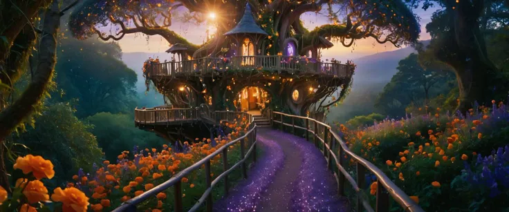 movie still, cinematic, beautiful, The winding pathway in 'Enchanted Garden', surrounded by a riot of sunset orange hypnotic flowers, alive with crystal blue sparkling magic, The enchanted treehouse in 'Enchanted Garden', surrounded by a riot of forest green hypnotic flowers, alive with amethyst purple sparkling magic, dramatic dynamic lighting, intricate, elegant, RAW, analog, bokeh, intricate, charming, lovely place, realistic, high budget