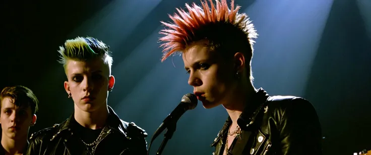 still of a (concert punk:1.3), 1977, intricate, unpredictable youth,,cinematic,film grain,medium shot, persons, flash light, absurd angle, dutch angle style, 80's, pogo, strobe lighting, hard shadows, detailed skin,