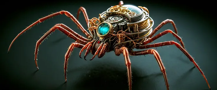 RAW photo, Capture a mesmerizing still life photograph showcasing a magnificently designed steampunk spider latched onto the back of a human hand, drawing blood. Utilize extreme close-up techniques paired with macro photography to emphasize the minute yet complex mechanical components comprising the insect's structure, offering viewers a rare glimpse into its inner workings, intricate microscopic wires, computer parts. For added depth and realism, incorporate microscopic imagery illustrating individual cells and capillaries interacting with the minuscule proboscis. bioluminescent, subsurface scattering, (chromatic aberration:1.5), Hot summer day, food photo, DSLR, soft lighting, high quality, film grain, Fujifilm XT