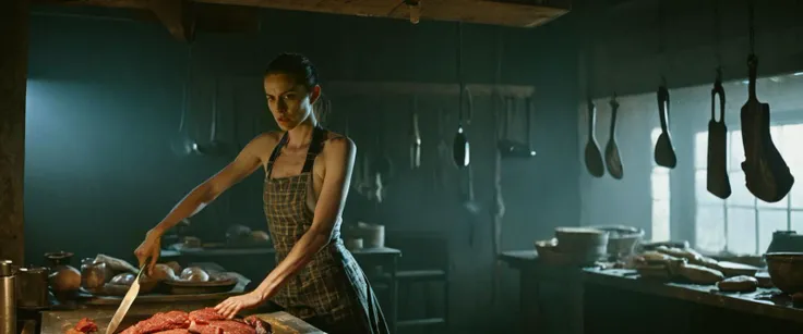 RAW, empathic movie still of a ultra-sharpness, dark fantasy, ultra detailed, a skinny woman with a gorgeous attitude, whimsical, eerie, vivid life, intricate butcher room, action pose, epic scene, dramatic lighting,  mysterious, cinematic, pale skin, imperfections, (8K resolution), establishing shot, 4K resolution, high textures, 36mm, subsurface scattering, chromatic aberration