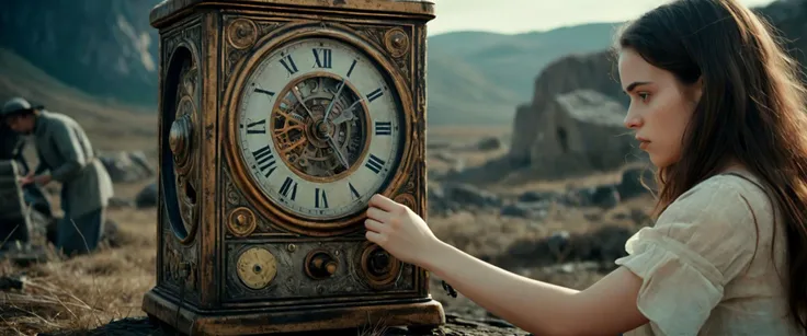 A young woman stumbles upon a mysterious device capable of manipulating time, enabling her to travel across different historical periods, movie still, cinematic, raw, high textures, (chromatic aberration:1.4)