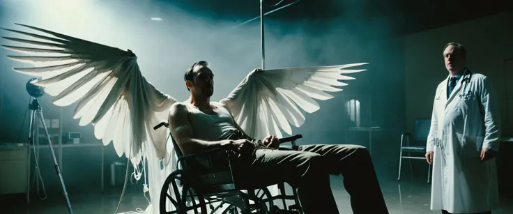 RAW,  empathic movie still of a man tied to a medical chair, interrogated by political civilians and doctors, outting of his body, leaves his body like a ethereal ghost with large evanescent wings above his transparent body in a great white flash and fly over his bound body, sense of nostalghia, Dark and gritty, epic scene, dramatic lighting,  mysterious, cinematic, pale skin, imperfections, (8K resolution), establishing shot, subsurface scattering, chromatic aberration, analog, film grain