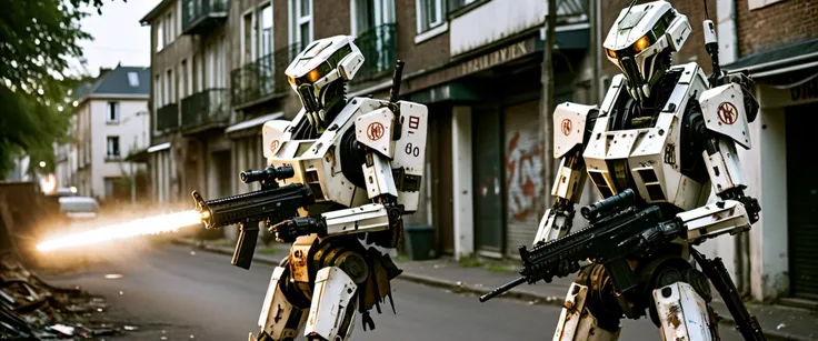 cinematic shot, realistic photograph, patrol of dangerous mantis mech robots with machine guns in a french neighborhood, intricate details, rusty decayed peeling dirty white paints, agressiv looking, holding rifles, NATO emblems, lighting, glowing lights, (dutch angle style:1.9), (chromatic aberration:2), bokeh, realistic, dark background, dim light, hdr, light leaks, lensflare, dystopian