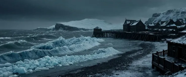 horror theme, raw, empathic movie still of a ultra-sharpness, dark fantasy, cinematic photography of a full color fantasy Dungeons and Dragons masterpiece, an icy tundra with a bleak stormy blizzard hits a settlement and ocean.  ((A medieval barricade-walled, squalid coastal town made of several closely-huddled roundhouses (inspired by Viking architecture) are surrounded by a wooden barricade)), harbour, beds down in the sub-zero cold and lit by vague torchlight.  The windows and shuttered and the town looks like a cold, miserable place to be.  ((A frozen ocean shoreline is inundated with icebergs in the foreground, with a few piers into it)), Flying seagulls,  intricately detailed, sharp details, Ultra-HD-details, true to life, HDR image, High detail resolution, high detailed cloth, cinematic lighting, realistic, sharp focus, (very detailed), ((4K HQ)), depth of field, f/1.2, Leica, 8K HDR, High contrast, bokeh, realistic shadows, vignette, epic, . Eerie, unsettling, dark, spooky, suspenseful, grim, highly detailed, epic scene, dramatic lighting,  mysterious, cinematic