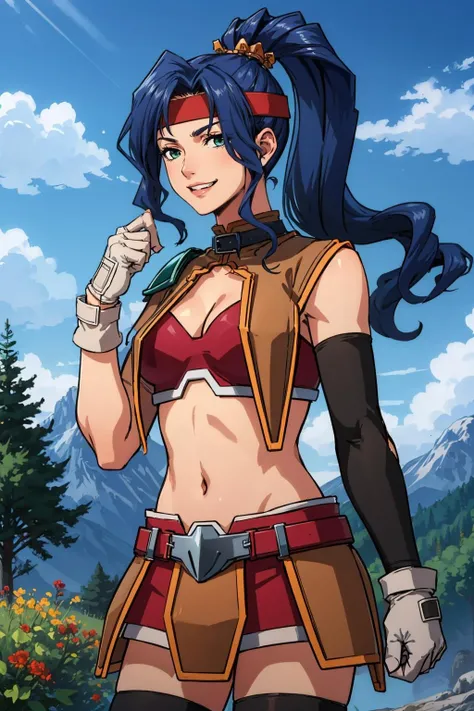 masterpiece, best quality, <lora:carna-nvwls-v1-000009:0.9> carna, ponytail, headband, single shoulder pad, vest, red sports bra, skirt, black thighhighs, arm warmers, white gloves, large breasts, wink, looking at viewer, sitting, from above, stream, log, forest