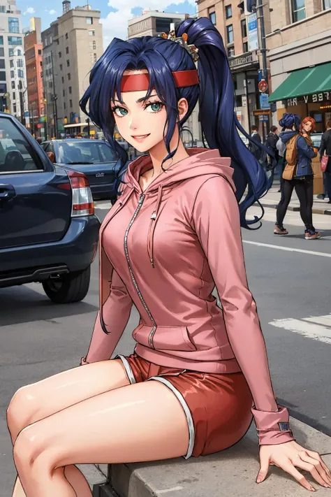 masterpiece, best quality, <lora:carna-nvwls-v1-000009:0.8> carna, ponytail, headband, large breasts, pink hoodie, spandex shorts, looking at viewer, grin, furrowed brow, city street, sitting