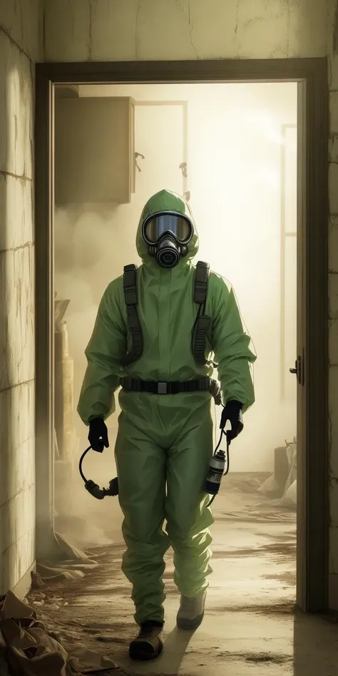 man, wearing a gas mask, hazmat suit, green fumes all over, inside a dirty house, 8k, high quality, masterpiece, best quality, hd, extremely detailed, volumetric lighting, photorealistic