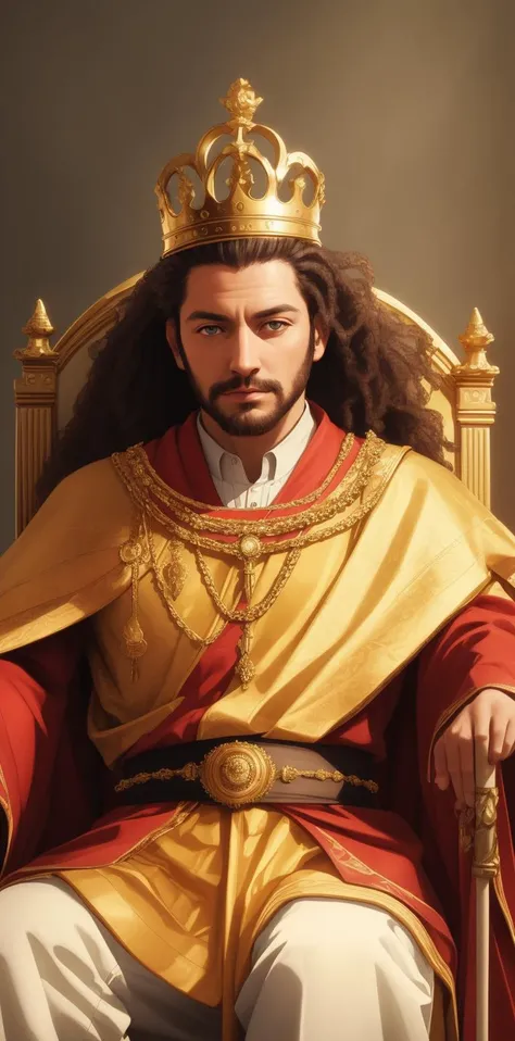 King, man, gold crown, sitting on the throne, holding a staff, 8k, high quality,  masterpiece, best quality, hd, extremely detailed, lighthearted atmosphere, volumetric lighting, photorealistic