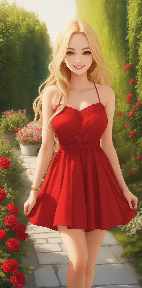 woman, long blonde hair, brown eyes, red dress, looking happy, in the garden with rose bushes, 8k, high quality, masterpiece, best quality