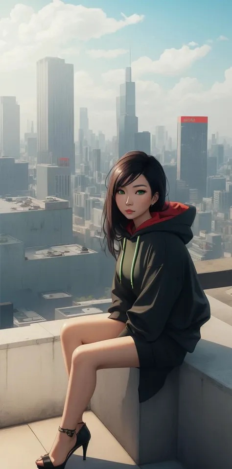 Asian woman sitting down, wearing a hoodie, green eyes, on a cyberpunk city rooftop, 8k, beautiful, vibrant, trending on artstation, high quality, extremely detailed, 4k, high heels, looking at viewer